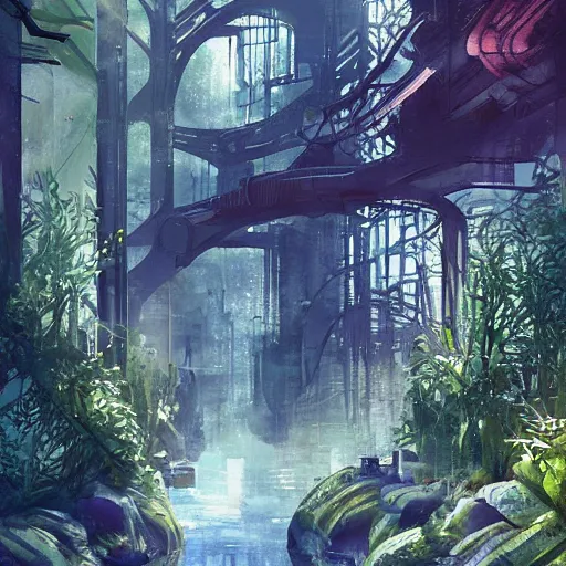 Image similar to Narrow cosy stream in beautiful overgrown futuristic sci-fi city in harmony with nature. Nice colour scheme, soft warm colour. Beautiful detailed watercolor by Lurid. (2022)
