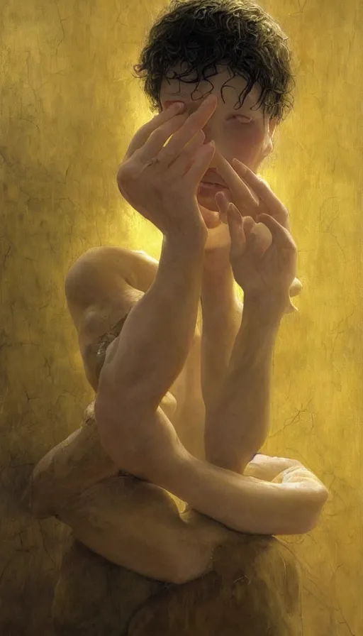 Image similar to epic masterpiece portrait of hands, drama, sweaty skin, hyperrealistic, octane render, cinematic, beautiful and flawless skin, perfect hands, 5 fingers, yellow by Edgar Maxence and Ross Tran and Michael Whelan and Lorenzo Sperlonga, Brom, Legends of Runeterra