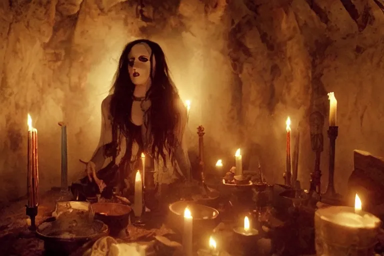 Prompt: VFX movie of ascending goth woman in the decadent attic, demonic magic ritual, candles, glowing eyes, natural lighting at night by Emmanuel Lubezki