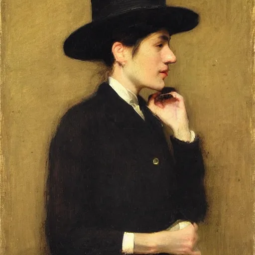 Prompt: portrait of a woman wearing a bowler hat, by thomas eakins.