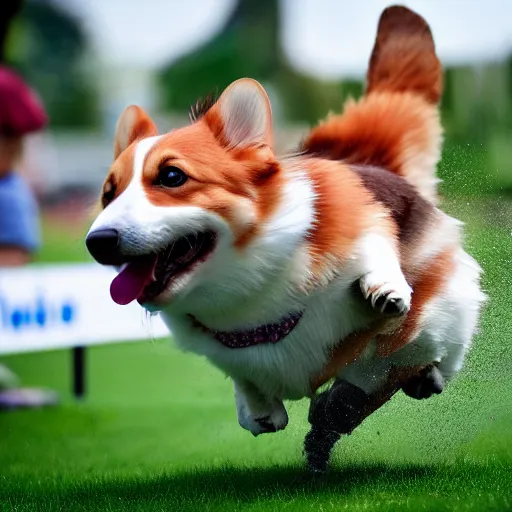 Prompt: corgi flying through hurdle, magical, afternoon, grass, fun fair, 4 k, award winning, high quality, carli davidson, john muir