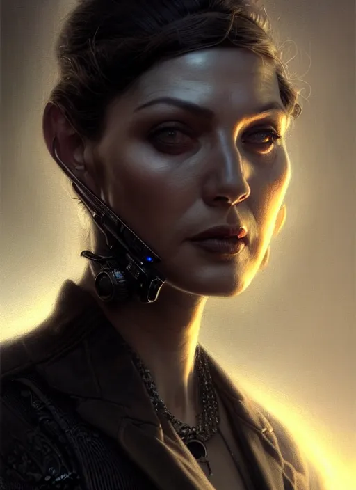 Image similar to closeup portrait shot of a crime noir in a scenic dystopian environment, intricate, elegant, highly detailed, centered, digital painting, artstation, concept art, smooth, sharp focus, illustration, artgerm, tomasz alen kopera, peter mohrbacher, donato giancola, joseph christian leyendecker, wlop, boris vallejo