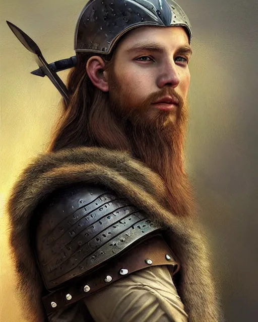 Prompt: portrait of a handsome young viking warrior, art by denys tsiperko and bogdan rezunenko and gengoroh tagame, hyperrealism, fantasy art