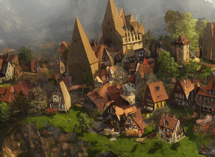 Prompt: ! dream a [ medieval ]!! german village with people selling various items, sitting on stiffly vivacious mountain ridges, trending on artstation, 4 k quality, polycount