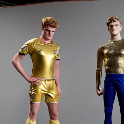 Image similar to a realistic detailed photo of a guy who is an attractive humanoid who is half robot and half humanoid, who is a male android, soccer players martin ødegaard & timo werner, shiny skin, posing like a statue, blank stare, in a factory, on display, showing off his muscles, gold soccer shorts, side view, looking at each other mindlessly