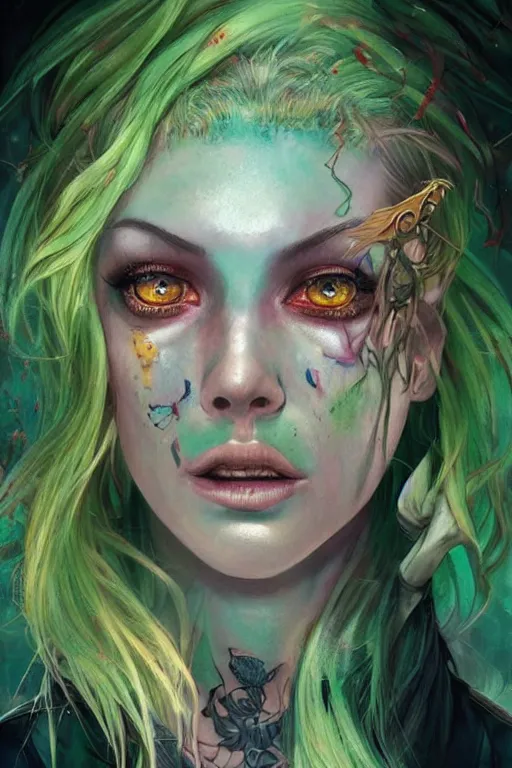 Image similar to upper body portrait shot of green hair tattooed pinup hannah murray, model pose, bright color, sun shining through, sharp focus, highly detailed face, specular reflection, art by anato finnstark and lecouffe deharme and pete mohrbacher and quentin mabille and frank moth, fantasy illustrations, epic light novel cover art