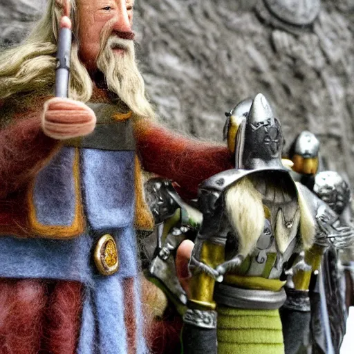 Image similar to needle felted king theoden from the return of the king (2003) giving a speech to the riders of rohan, highly detailed, dslr, tilt shift, eerie, hyperrealism, highly textured, god rays