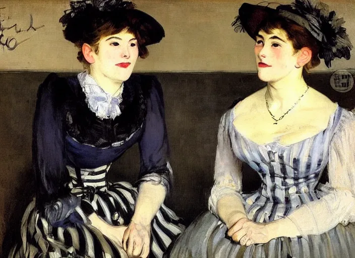 Image similar to portrait of a lesbian couple!!! high details! moody! smiling!! romantic, slight fog!!! by édouard manet