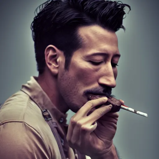 Image similar to a closeup photo of handsome gigachad markiplier smoking a cigar, 8k photorealism, extremly detailed, trending on artstation