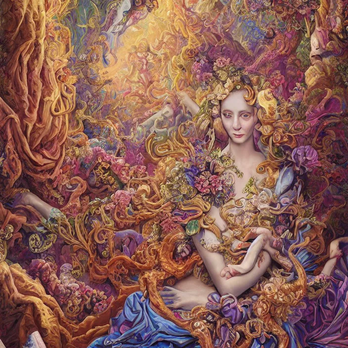 Image similar to beautiful oil painting, full length portrait of dauphinois in baroque coronation robes 1701, Dan Mumford, Dan Mumford, Alex grey, hyacinthe rigaurd, highly detailed , lsd visuals, dmt fractal patterns, hallucinogen, visionary art, psychedelic art, ornate, vaporwave, baroque, Greg rutkowski