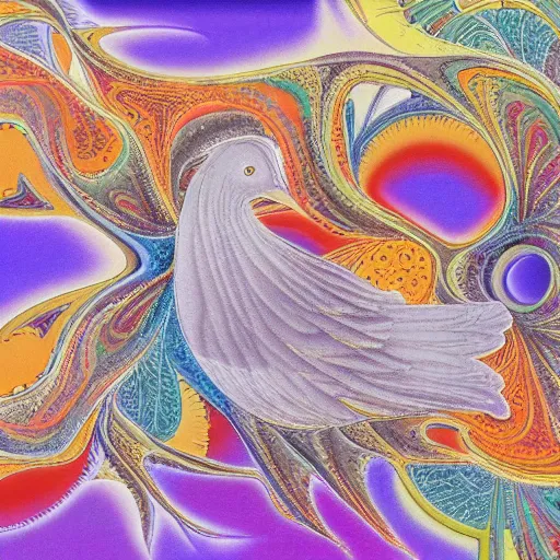 Prompt: tranquil by pegi nicol macleod fractal manifold, 1 9 8 0 s. a beautiful collage of a bird in its natural habitat. the bird is shown in great detail, with its colorful plumage & intricate patterns. the background is a simple but detailed landscape, with trees, bushes, & a river.