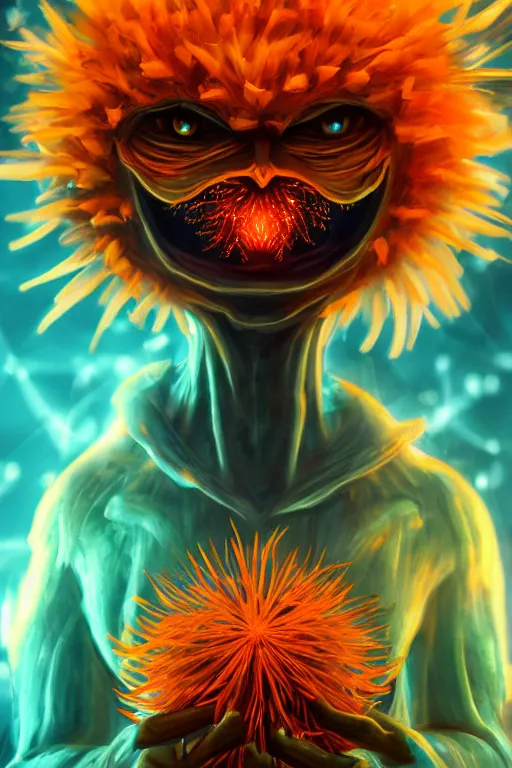 Image similar to a glowing humanoid figure dandelion monster with large glowing eyes, surrounded by blazing orange, highly detailed, digital art, sharp focus, trending on art station, artichoke, anime art style