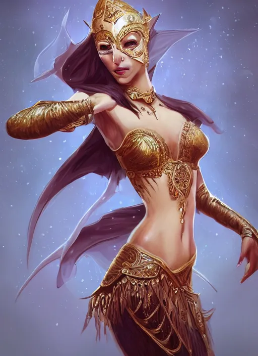 Image similar to a highly detailed illustration of a masked elegant elf arabian dancer, gracefully belly dancing pose, waving both arms, slim model body, intricate, elegant, highly detailed, centered, digital painting, artstation, concept art, smooth, sharp focus, league of legends concept art, WLOP