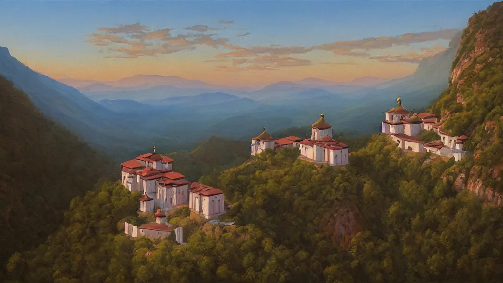 Prompt: High-Quality realist painting of an orthodox monastery on top of a mountain at dawn, peaceful, very detailed, digital art.