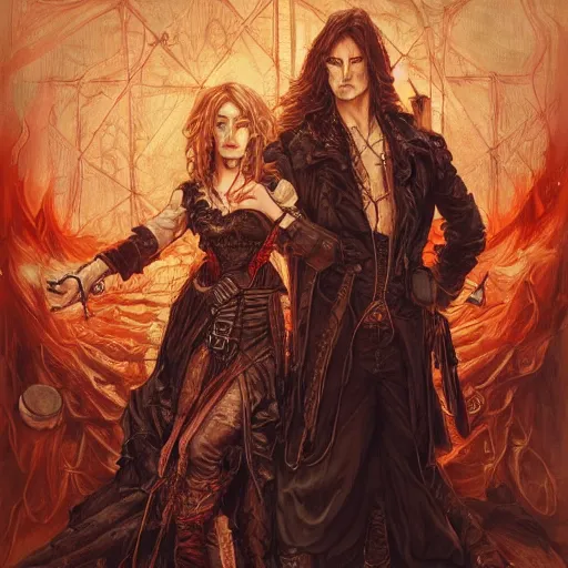 Image similar to a man and a woman standing next to each other in front of fire, an album cover by ayami kojima, cgsociety, international gothic, steampunk, fantasy, gothic