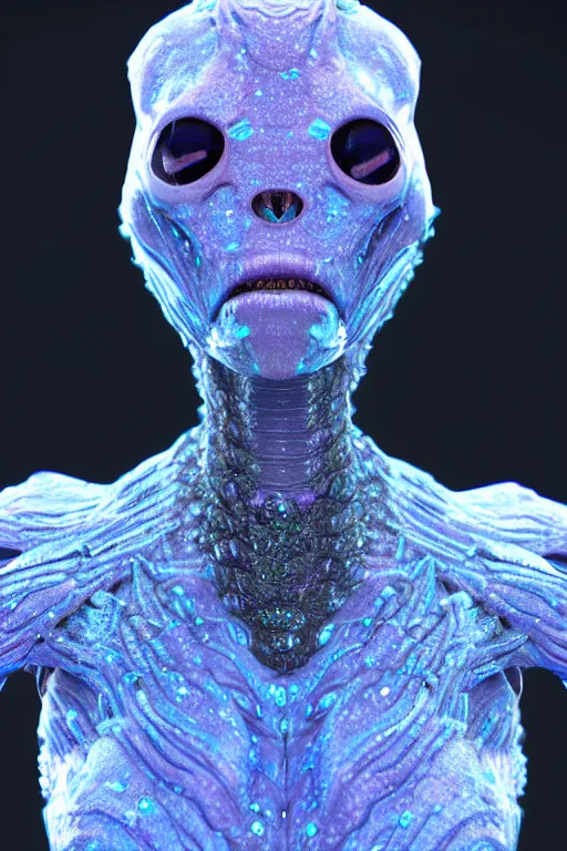 Image similar to skin concept alien, in full growth, mineral crystals instead of skin, magical crystals, smoky crystals, translucent crystals, luminous sparkling crystals, many details, 3 d, cinematic, hyper realism, high detail, octane render