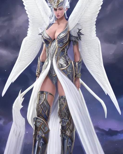 Prompt: perfect white haired egyptian goddess wearing white dove wings, warframe armor, regal, attractive, ornate, sultry, beautiful, charlize theron, half asian, pretty face, blue eyes, detailed, scifi platform, 4 k, ultra realistic, epic lighting, cinematic, masterpiece, art by akihito tsukushi, voidstar, trending on artstation