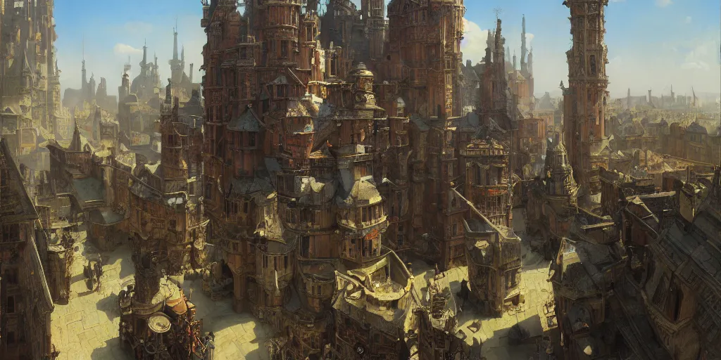 Prompt: medieval city standing on a giant cog gear mechanism buildings vista artstation illustration sharp focus sunlit vista painted by ruan jia raymond swanland lawrence alma tadema zdzislaw beksinski norman rockwell tom lovell alex malveda greg staples