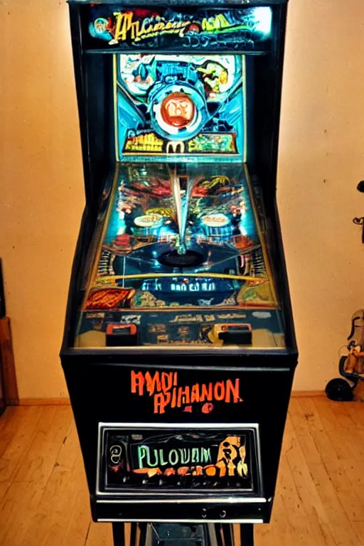 Image similar to vintage pinball machine, arcade cabinet, mugwum, phantom, nightmare, 1 9 7 0 s, polaroid photo