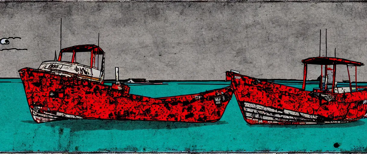 Image similar to a lone abandoned boat at dungeness, in the style of daniel johnston and outsider art, 8 k, line brush, overlaid with chinese adverts