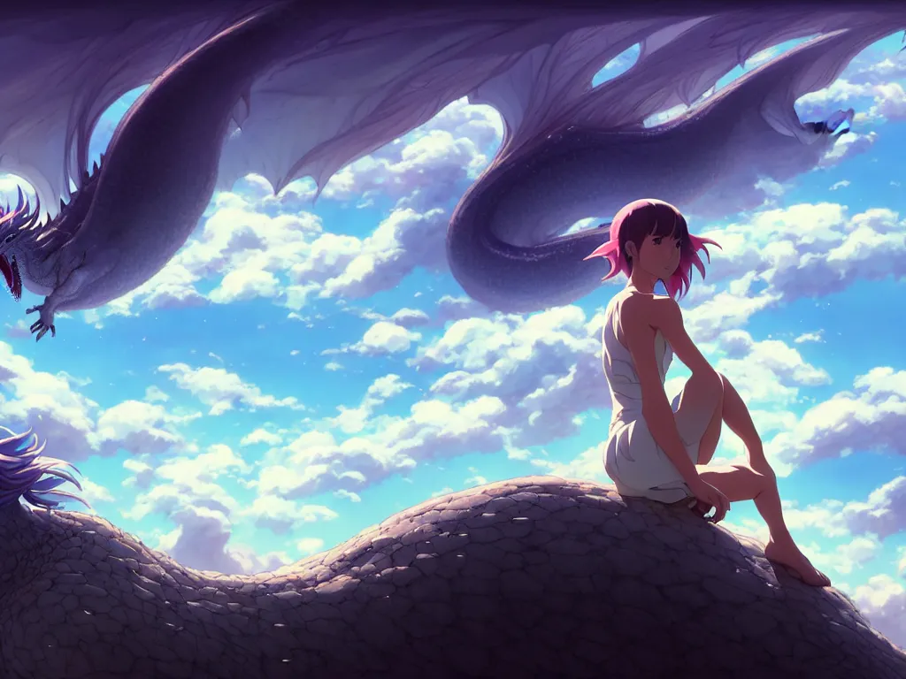 Image similar to a vast scene, panorama distant view, hyper detailed scene render of a beautiful girl sit on a huge silver dragon back, in the white clouds fairyland, animation portrait concept art, style of makoto shinkai, xision, james jean and peter mohrbacher, studio ghibli, artgerm, karol bak, beeple, 4 k hd, animation style