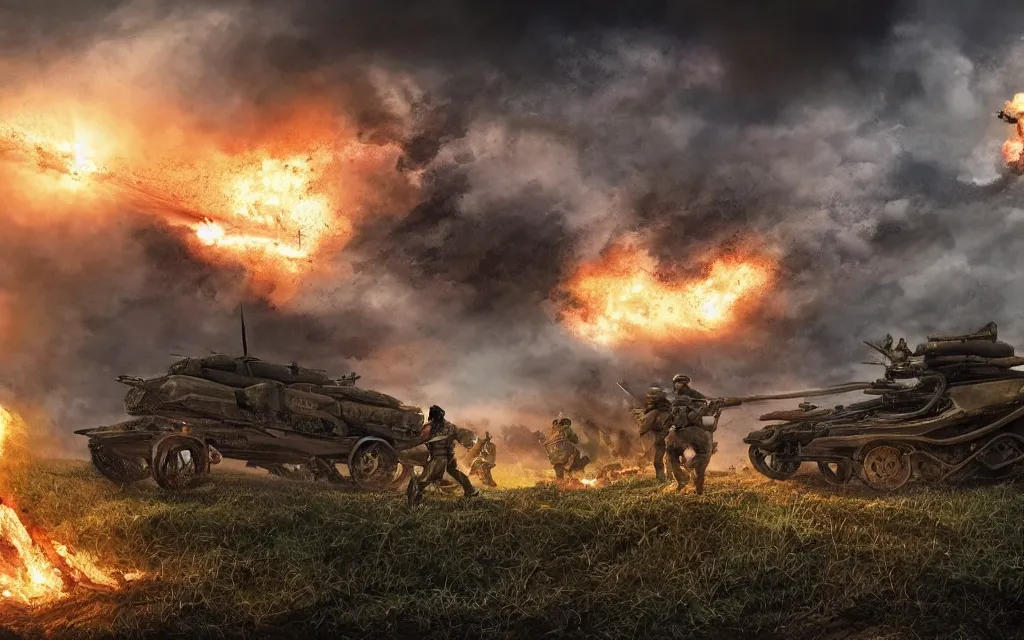 Prompt: fight ww 1, deep trenches with fortifications, soldiers fighting against aliens from resistance game, green gas spreading across land, futuristic tank is on fire, ground explosion in the background, alien mothership in the sky, hyper realistic, highly detailed, dramatic lighting, raytarced, god rays, 4 k, 8 k, art by artgem, closeup