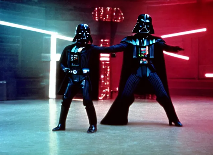 Image similar to film still of Darth Vader disco dancing exactly like John Travolta on the cover of Saturday Night Fever, 4k