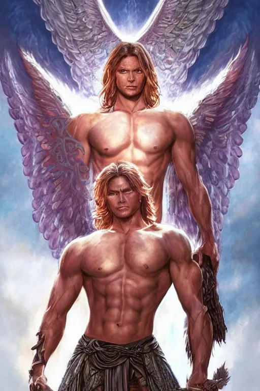 Image similar to muscular Sam Winchester as an angel with religious tattoos on chest and neck, with glowing runes on the body, dark fantasy book cover style, D&D dark fantasy style, sharp focus, ultra detailed, art by Artgerm and Peter Andrew Jones, Karol Bak, Ayami Kojima, Amano and Olivier Ledroit