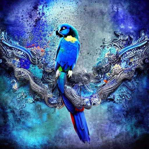 Image similar to blue parrots emerging from fluids mixing, atmospheric liquids, ornate intricate, hyper realistic, 16k, post processing, saturated blue colors, nature background