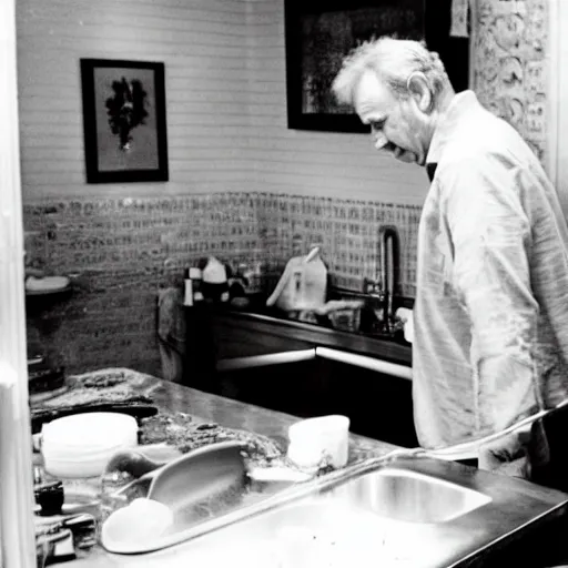 Prompt: bill murray washing dishes,