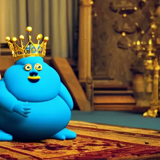 Image similar to blue blob character drooling while looking at the camera, wearing a golden crown, clay animation