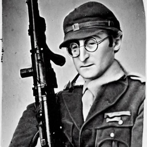 Image similar to old wartime photograph of john lennon holding a lewis gun, 1 9 1 7