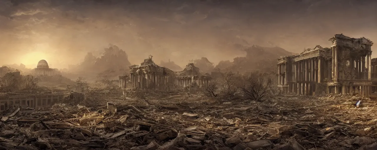 Image similar to A beautiful hyper realistic detailed matte painting of the destroyed Capitolium after nuclear bomb | post-apocalyptic landscape at early sunrise | a lot of debris and burned bushes and trees | by John Howe and Andreas Rocha and Martin Johnson Heade and Albert Bierstadt, Fallout style | unreal engine, trending on artstation, golden ratio, rectilinear