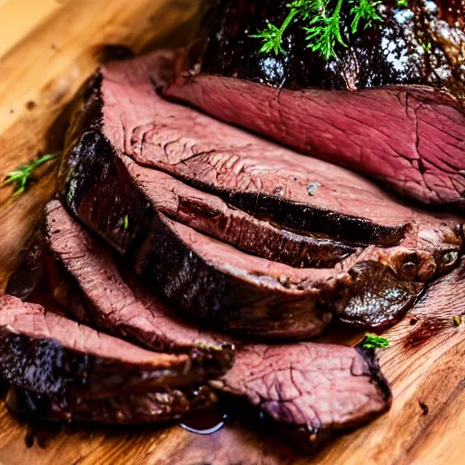 Image similar to perfect beautiful wine beef roast served in michelin star restaurant, bokeh, captured on canon eos r 6