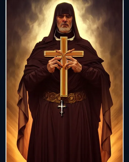 Image similar to realistic portrait of a nasty bishop, inverted cross, evil, heroic pose, beautiful face, bible, full body, dramatic lighting, intricate, wild, highly detailed, digital painting, artstation, concept art, smooth, sharp focus, illustration, art by artgerm and greg rutkowski and alphonse mucha, footage from space camera