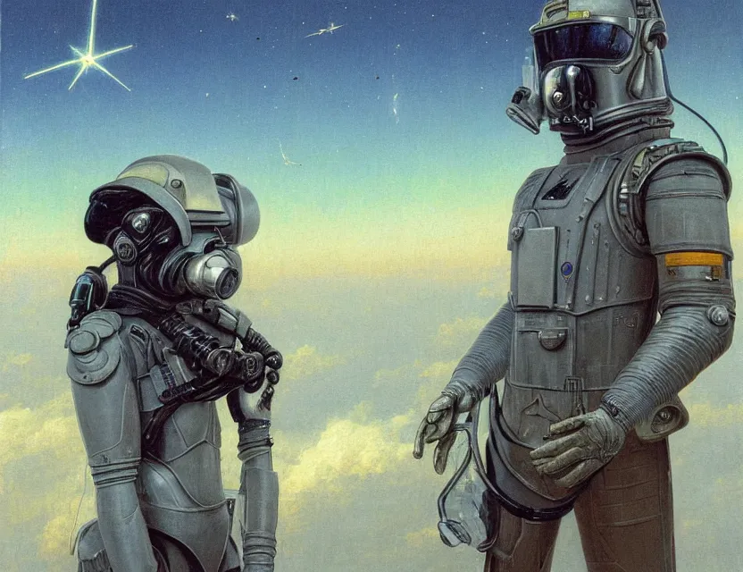 Image similar to a detailed portrait painting of a lone bounty hunter pilot wearing combat armour, gas mask and a reflective visor. Head and chest only. Movie scene, cinematic sci-fi scene. Flight suit, cloth and metal, accurate anatomy. portrait symmetrical and science fiction theme with lightning, aurora lighting. clouds and stars. Futurism by beksinski carl spitzweg moebius and tuomas korpi. baroque elements. baroque element. intricate artwork by caravaggio. Oil painting. Trending on artstation. 8k