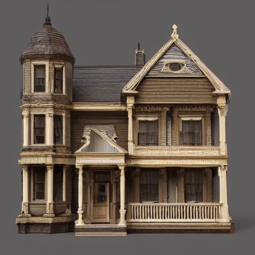 Prompt: photo of a Victorian dollhouse, outside view, extreme details, soft lighting, realistic octane render, 8k