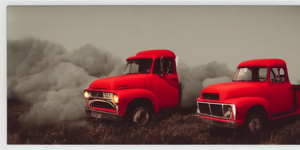 Image similar to polaroid photo of a red truck on fire, big smoke clouds, at night, stars visible in the sky, slight color bleed