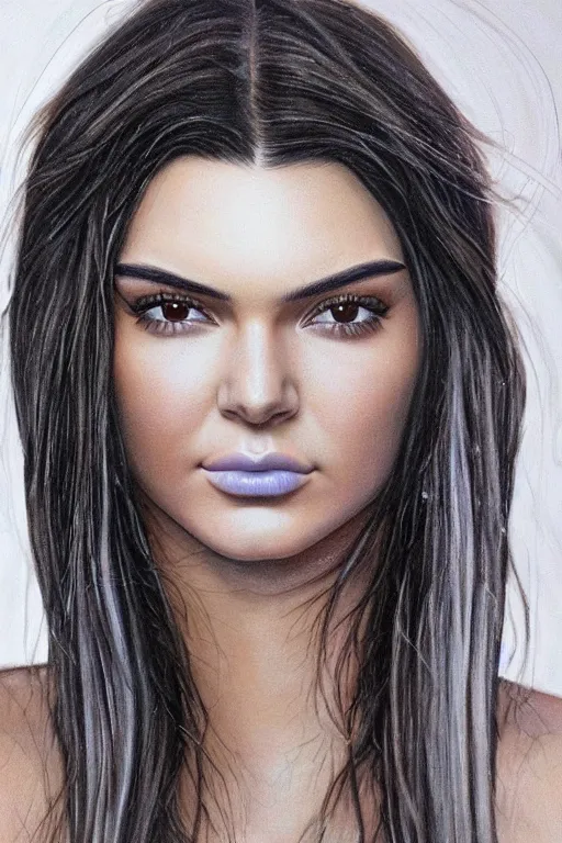 Image similar to realistic detailed face portrait painting of the beautiful kendall jenner with long hair with sci-fi headwear and transparent skin ,drawn by HR GIGER