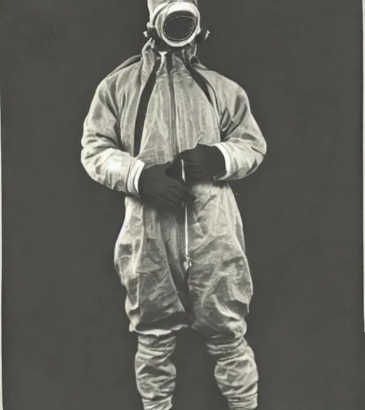 Prompt: man in anti radiation hazmat suit and optical gasmask, ww1 film photo, grainy, high detail, high resolution