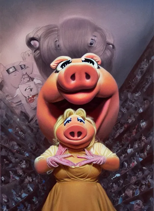 Image similar to portrait of a Screaming Miss Piggy in Society (1989), highly detailed, centered, solid color background, digital painting, artstation, concept art, smooth, sharp focus, illustration, artgerm, donato giancola, Joseph Christian Leyendecker, Les Edwards, Ed Repka, WLOP, Artgerm