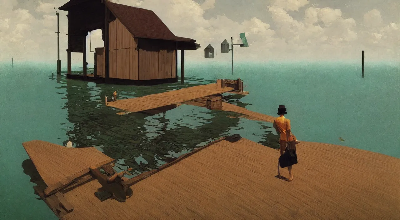 Prompt: single flooded! simple wooden entrance, very coherent and colorful high contrast!! masterpiece by rene magritte simon stalenhag carl spitzweg syd mead norman rockwell edward hopper james gilleard, water, minimalist, dark shadows, sunny day, hard lighting