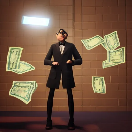 Prompt: portrait of bookmaker with money in hands sly cunning pixar style animation 3d extremely gloomy lighting, shining light and shadow, atmospheric, cinematic, unreal Engine, 8K