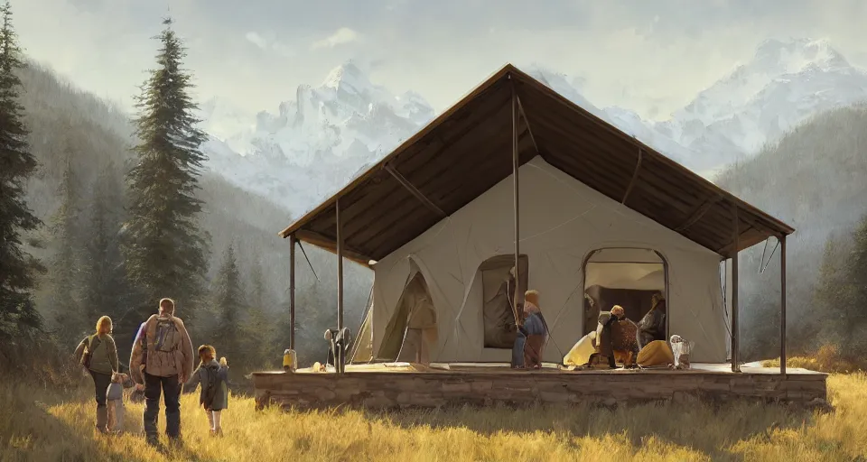 Image similar to cabela's beautiful comfortable modular insulated wall kit - house all weather family dwelling tent house, person in foreground, mountainous forested wilderness open fields, beautiful views, painterly concept art, joanna gaines, environmental concept art, farmhouse, magnolia, concept art illustration, by james gurney, by craig mullins, by greg rutkowski trending on artstation