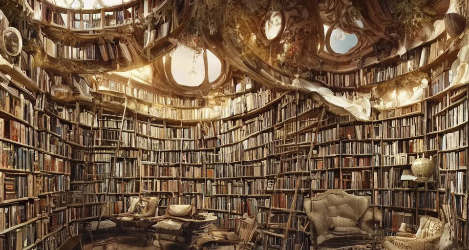 Prompt: A scene from a 2022 fantasy film featuring a cozy art nouveau reading nook inside a fantasy treehouse city. Suspended walkways. Disorganized ancient books. 8K UHD.