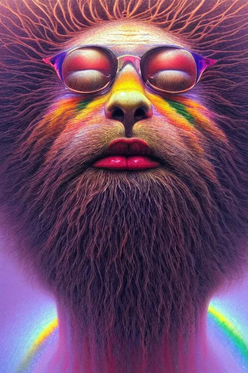 Image similar to hyperrealistic close-up baroque psychedelic!! god happy fluffy kind monster!! peaceful kind spirit of nature highly detailed concept art eric zener elson peter cinematic hard rainbow lighting high angle hd 8k sharp shallow depth of field, inspired by Zdzisław Beksiński