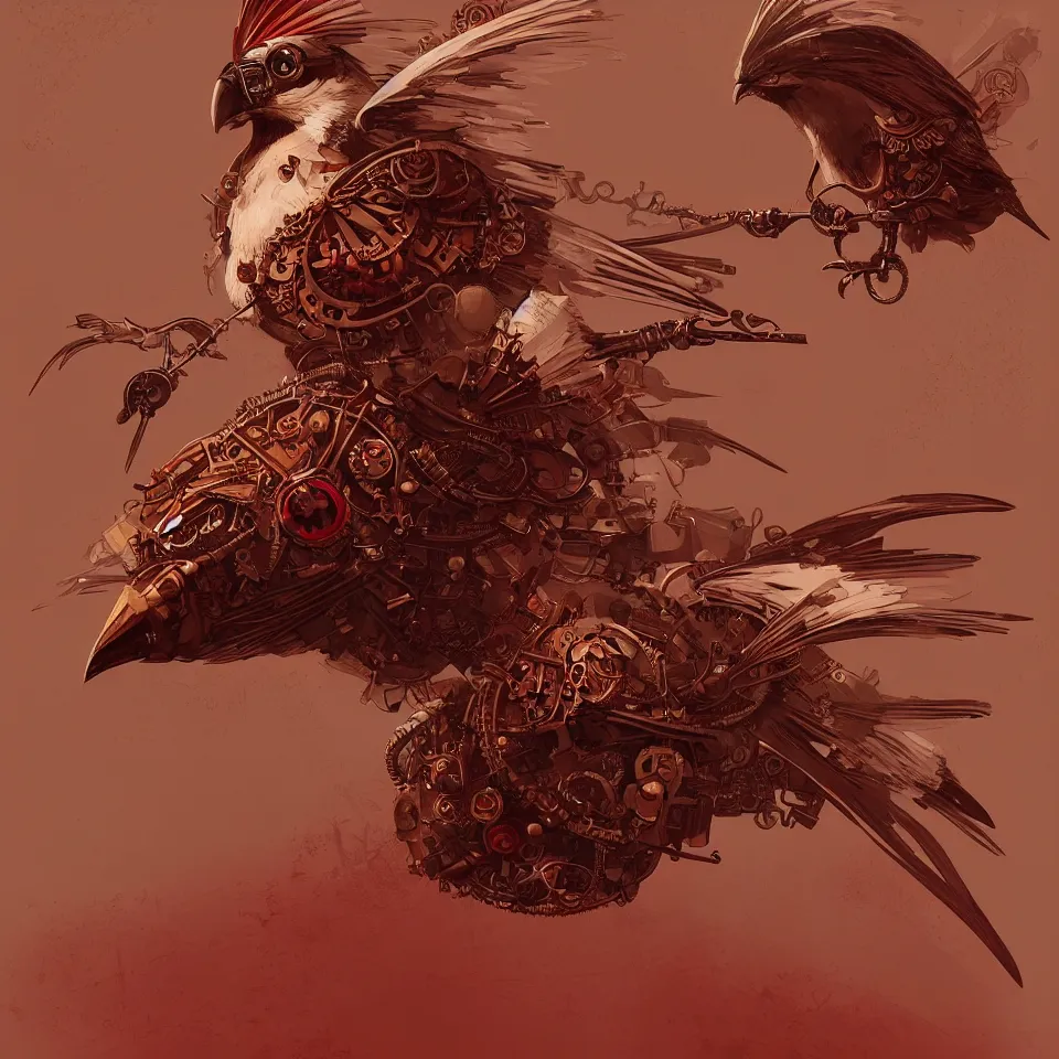 Prompt: a detailed concept art of a steampunk bird by miguel nogueira, gradient dark red, cream and white color scheme, dynamic lighting, cinematic, epic composition, masterpiece