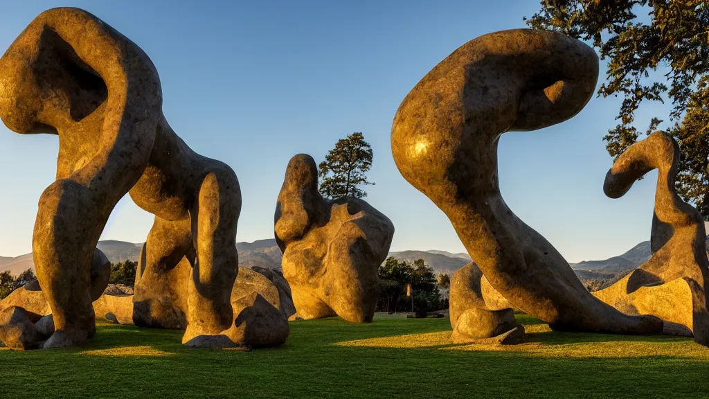 Prompt: a colossal abstract granite sculpture garden by michelangelo an henry moore, on a green lawn, distant mountains, golden hour, 8 k, dslr camera, enormous creatures augment my desire
