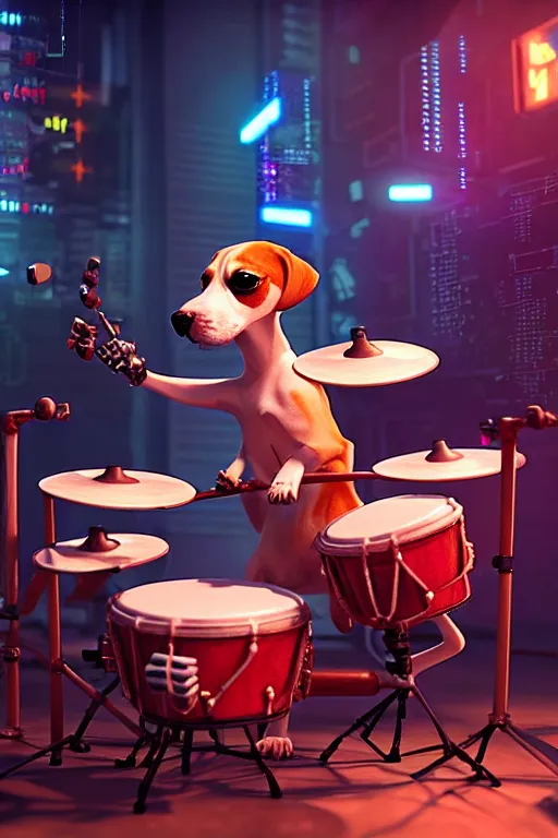 Image similar to high quality 3 d render very cute cyborg beagle plays drums!, cyberpunk highly detailed, unreal engine cinematic smooth, in the style of blade runner & pixar, hannah yata charlie immer, moody light, low angle, uhd 8 k, sharp focus