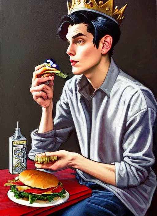 Prompt: oil painting, jughead jones wears a grey crown, and devours a hamburger, intricate, elegant, highly detailed, lighting, painting, artstation, smooth, illustration, art by greg rutowski and alphonse mucha